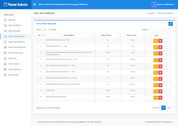 Sistem Informasi Pendaftaran Pemasangan Reklame dengan framework codeigniter