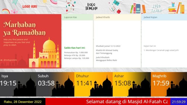 Display Informasi Masjid dengan Jadwal Shalat, Running Text, Video